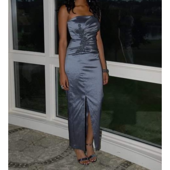 Slate Iridescent Gray Floral MIDI Dress with Slit - Picture 1 of 8